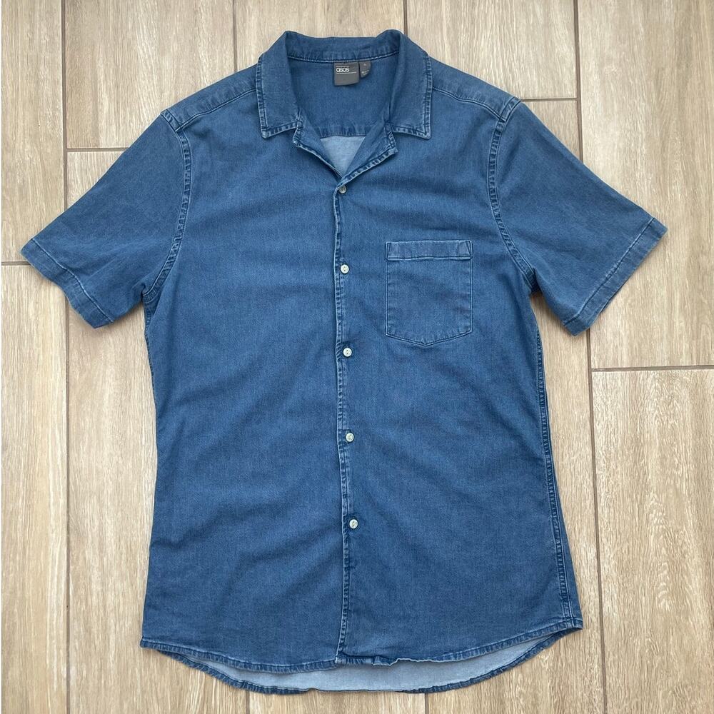 ASOS Denim Chambray Button Up Shirt Men XL Slim Fit Stretch Short Sleeve